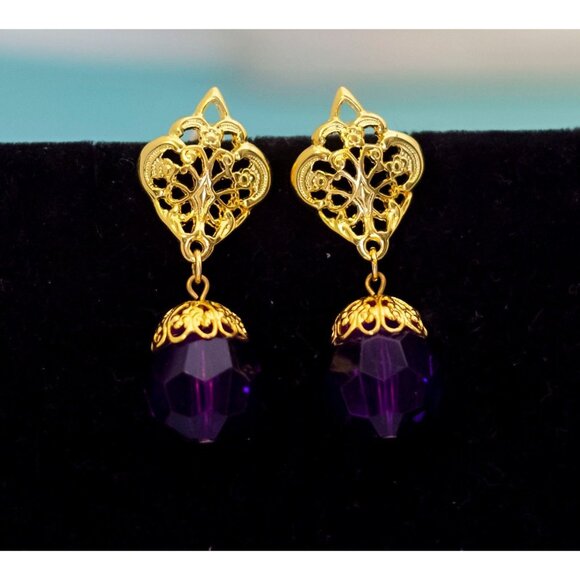 Vintage Queen Royal Purple Crystal Dangle  Earrings - E6 - Picture 1 of 3